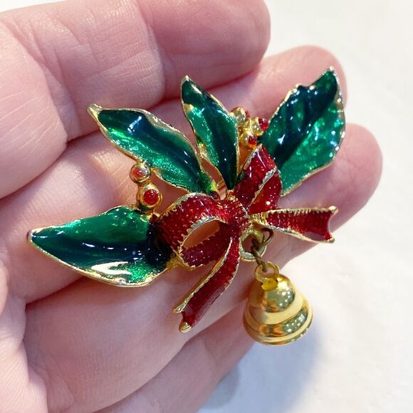 Christmas Brooch Goldtone Red & Green Enamel Festive Holly Sprig & Bell Pin - Picture 2 of 7